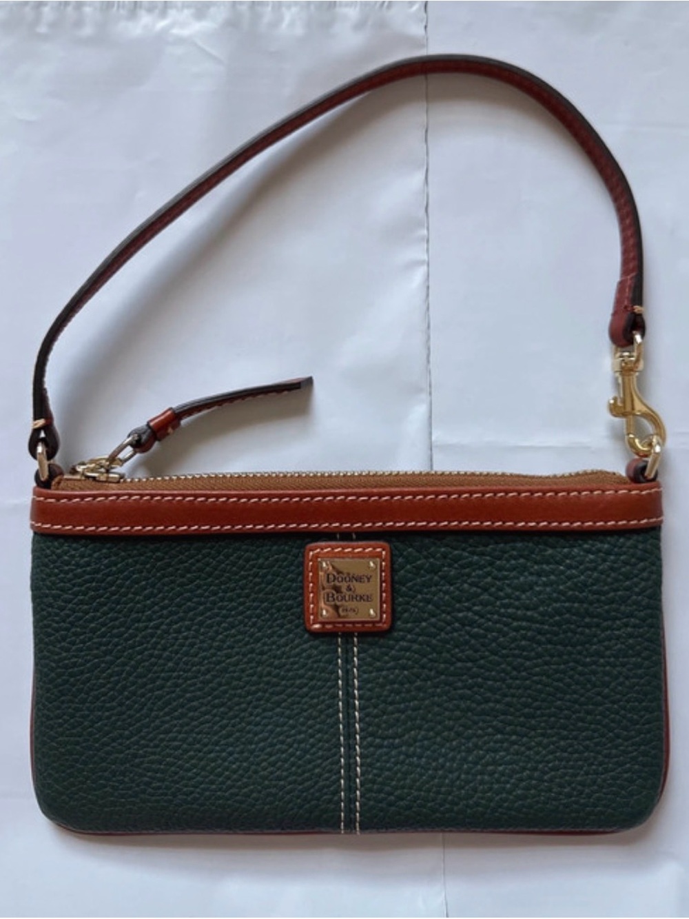Dooney & Bourke Green Pebbled Leather Wristlet with Brown Trim and Gold Hardware